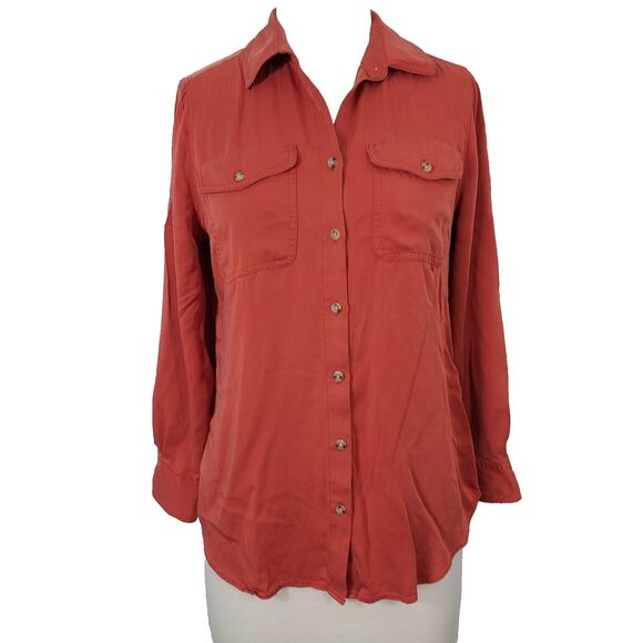 Chico's Silky Soft Burnt Orange Long Sleeve Button Up Shirt Size 1 Womens 8/10 - Picture 1 of 11